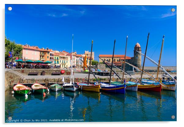 Boats at the harbor in the old town of Collioure, a seaside resort in Southern France Acrylic by Chun Ju Wu