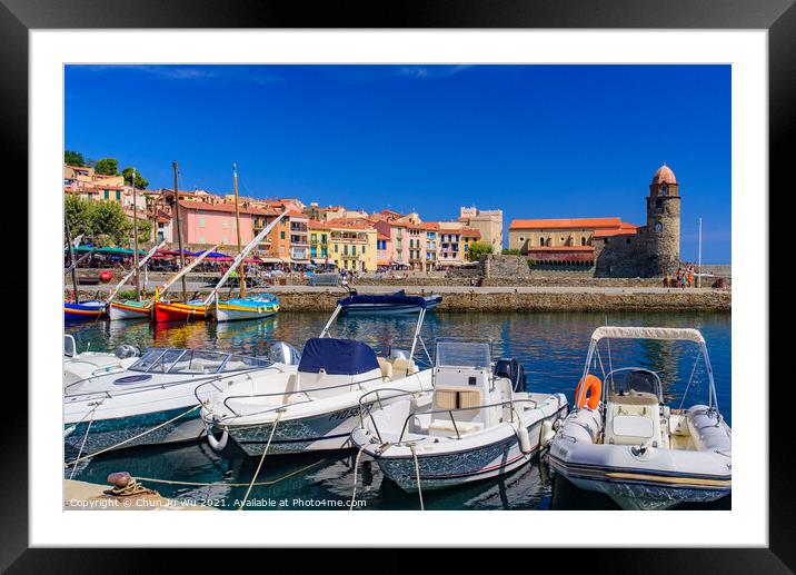 Boats at the harbor in the old town of Collioure, a seaside resort in Southern France Framed Mounted Print by Chun Ju Wu
