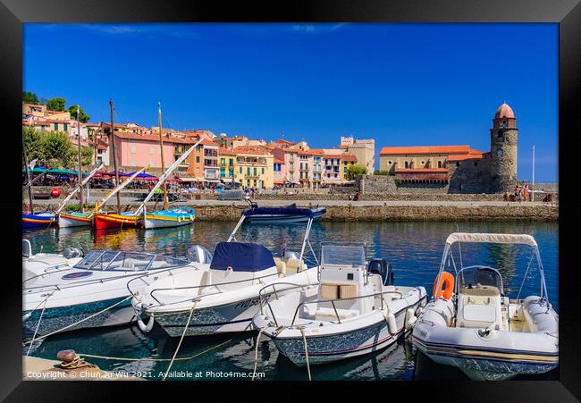 Boats at the harbor in the old town of Collioure, a seaside resort in Southern France Framed Print by Chun Ju Wu