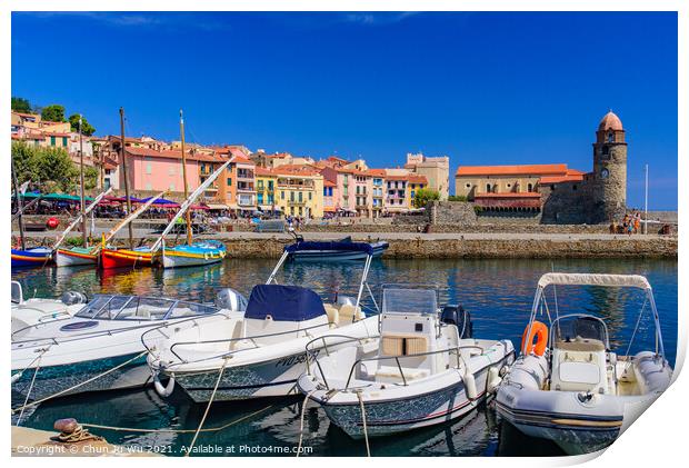 Boats at the harbor in the old town of Collioure, a seaside resort in Southern France Print by Chun Ju Wu