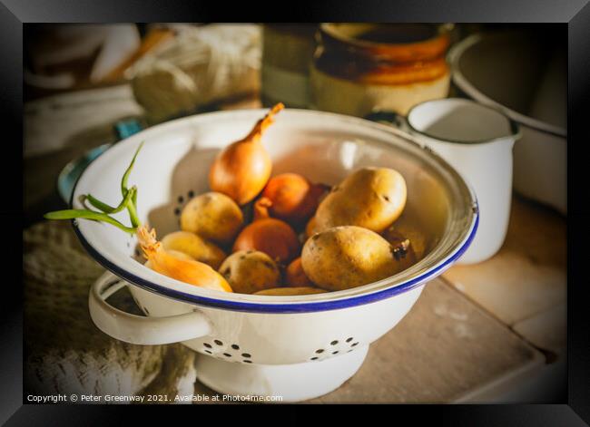 A Cottage Kitchen - Garden Vegetables in a colande Framed Print by Peter Greenway