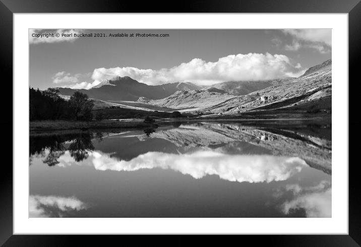 Snowdon Reflected Snowdonia Wales Black White Framed Mounted Print by Pearl Bucknall