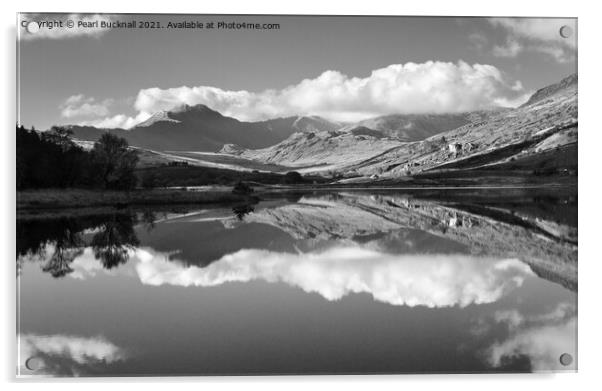Snowdon Reflected Snowdonia Wales Black White Acrylic by Pearl Bucknall