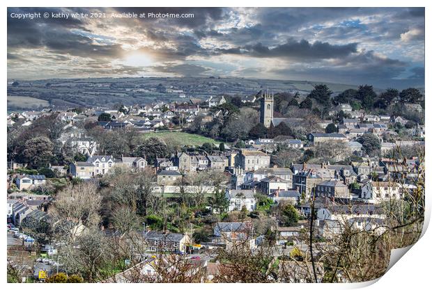 Helston  Cornwall from the hill top Print by kathy white