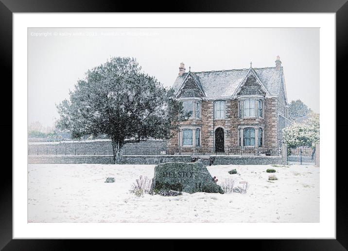welcome to Helston in the snow Framed Mounted Print by kathy white