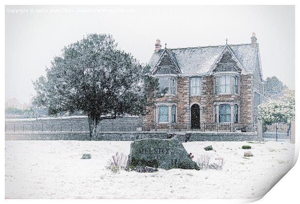 welcome to Helston in the snow Print by kathy white