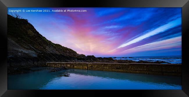 Fiery Skies Reflect on Tranquil Cornish Sea Framed Print by Lee Kershaw