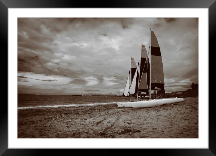 sailing boats on the beach in sepia Framed Mounted Print by youri Mahieu