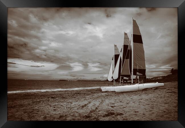sailing boats on the beach in sepia Framed Print by youri Mahieu
