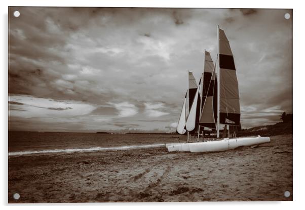 sailing boats on the beach in sepia Acrylic by youri Mahieu