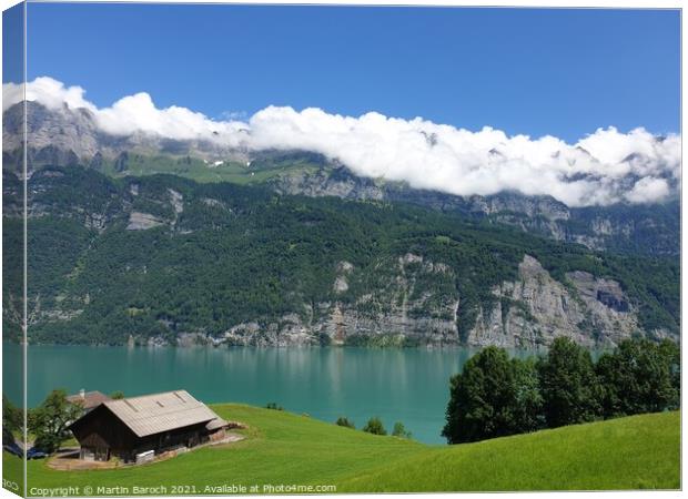 Swiss Coutryside with Lake & Alps Canvas Print by Martin Baroch