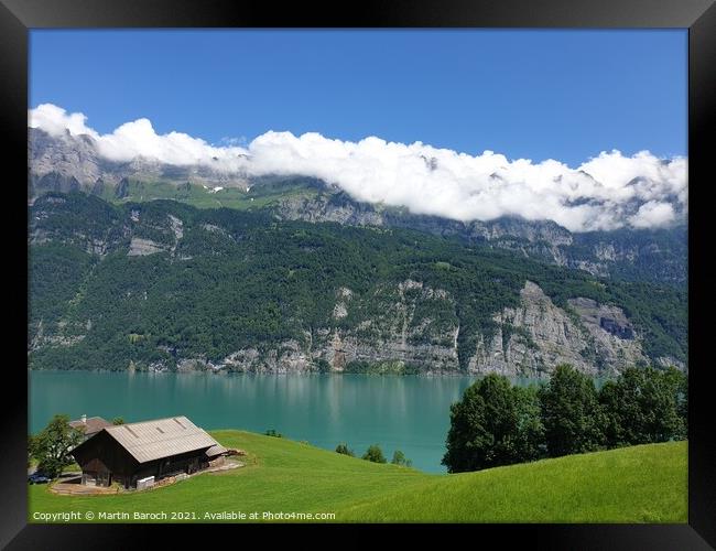 Swiss Coutryside with Lake & Alps Framed Print by Martin Baroch