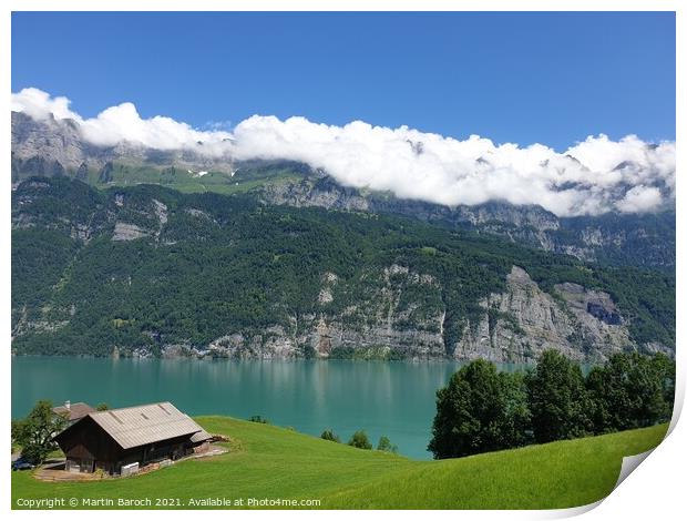 Swiss Coutryside with Lake & Alps Print by Martin Baroch