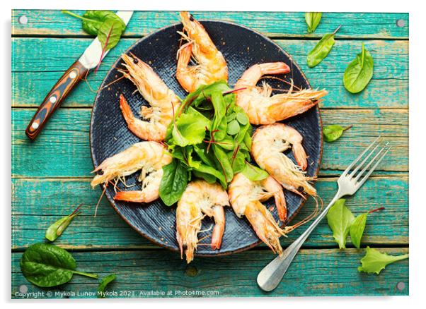 Boiled shrimp on a plate Acrylic by Mykola Lunov Mykola