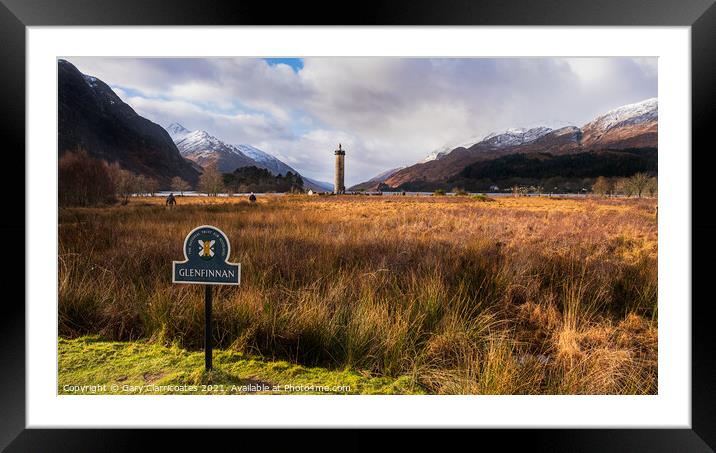 Glenfinnan Monument with snow capped mountains Framed Mounted Print by Gary Clarricoates