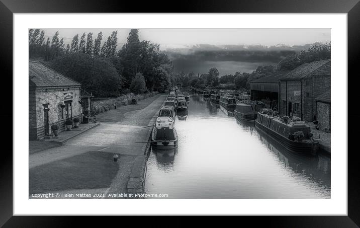 Braunston Marina Canal Boats Black and White Framed Mounted Print by Helkoryo Photography
