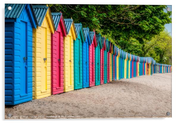 Brightly coloured beach huts at Llanbedrog, Wales. Acrylic by Alan Taylor