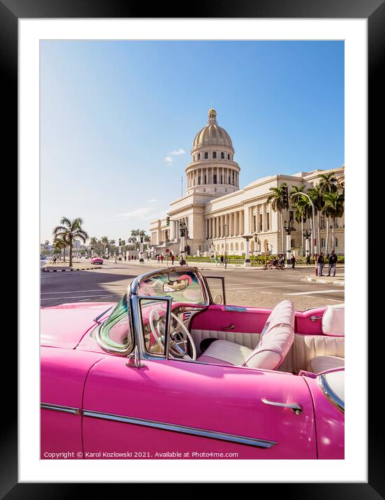 Vintage car and El Capitolio, Havana, Cuba Framed Mounted Print by Karol Kozlowski