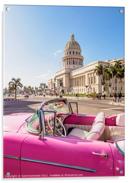 Vintage car and El Capitolio, Havana, Cuba Acrylic by Karol Kozlowski