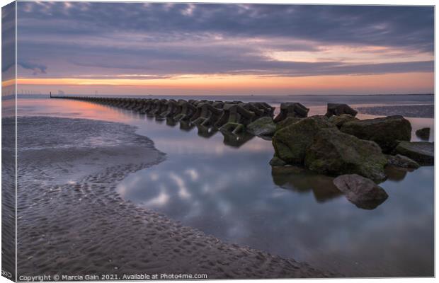 Breakwater at the Wirral peninsular Canvas Print by Marcia Reay