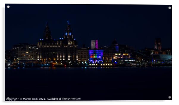 The Liverpool skyline lit up at night Acrylic by Marcia Reay