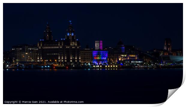 The Liverpool skyline lit up at night Print by Marcia Reay