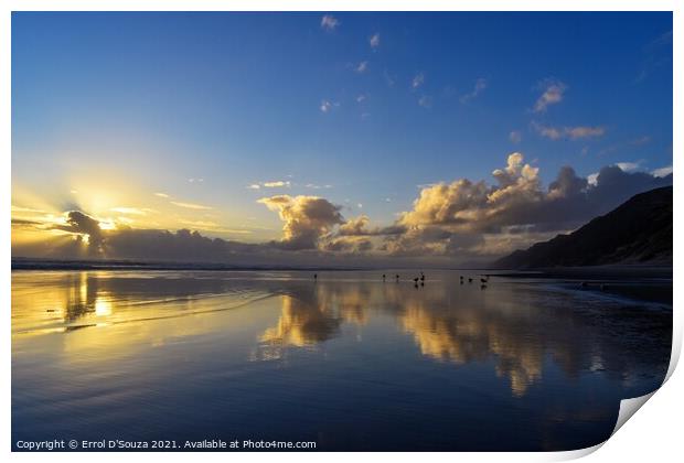 Sunset reflections on Baylys Beach Print by Errol D'Souza