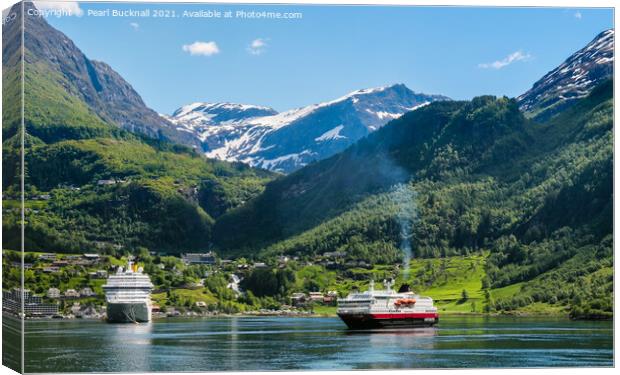 Cruise Ships in Geiranger Fjord on Norway Coast Canvas Print by Pearl Bucknall