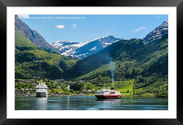 Cruise Ships in Geiranger Fjord on Norway Coast Framed Mounted Print by Pearl Bucknall