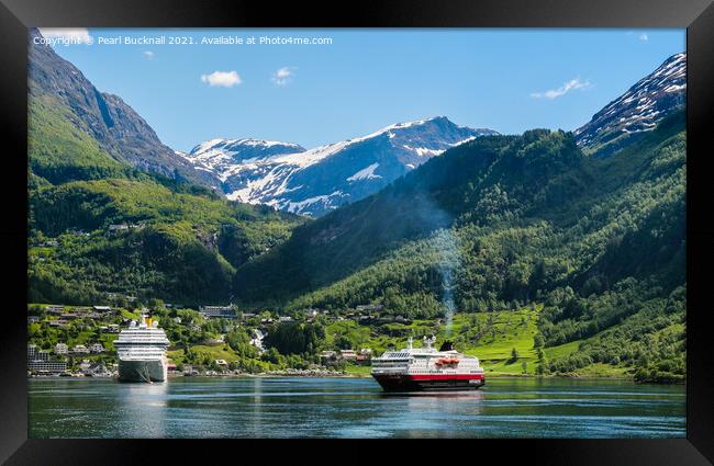 Cruise Ships in Geiranger Fjord on Norway Coast Framed Print by Pearl Bucknall