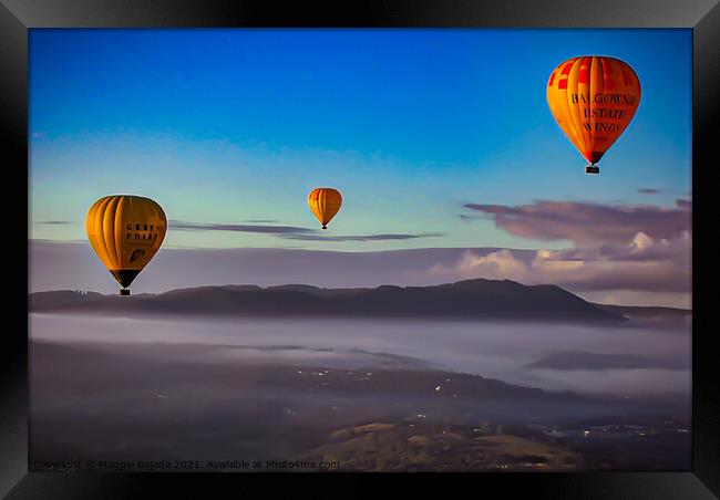 View of Hot Air Balloons over the countryside with Framed Print by Maggie Bajada