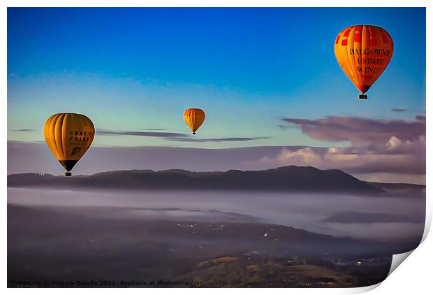 View of Hot Air Balloons over the countryside with Print by Maggie Bajada