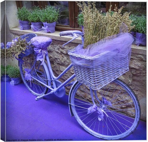 Colorful Purple Bicycle with lavender inside a bas Canvas Print by Maggie Bajada