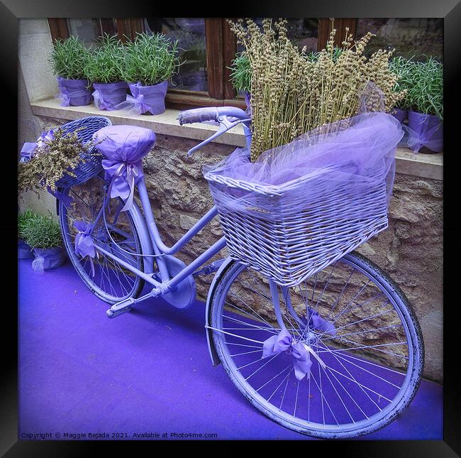Colorful Purple Bicycle with lavender inside a bas Framed Print by Maggie Bajada