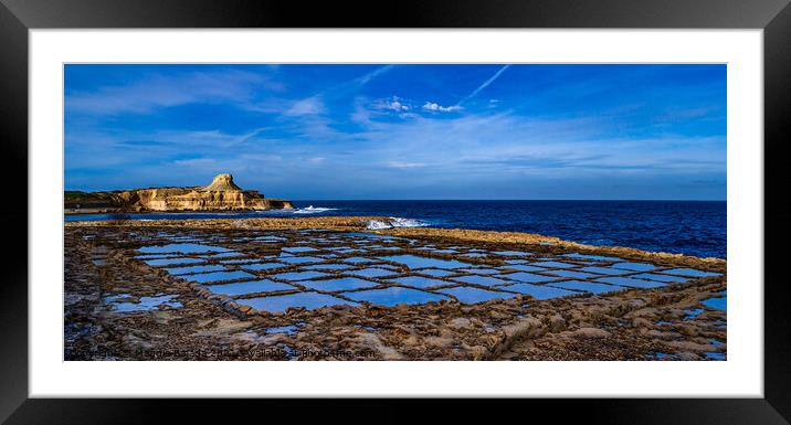 Picturesque Salt pans with reflection of blue clou Framed Mounted Print by Maggie Bajada