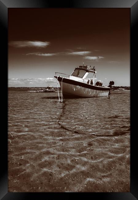 White boat on sand in sepia Framed Print by youri Mahieu