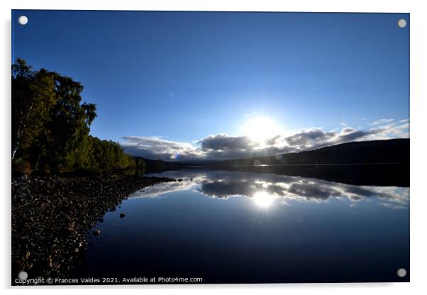 Sunrise reflections Loch Garry Scotland Acrylic by Frances Valdes