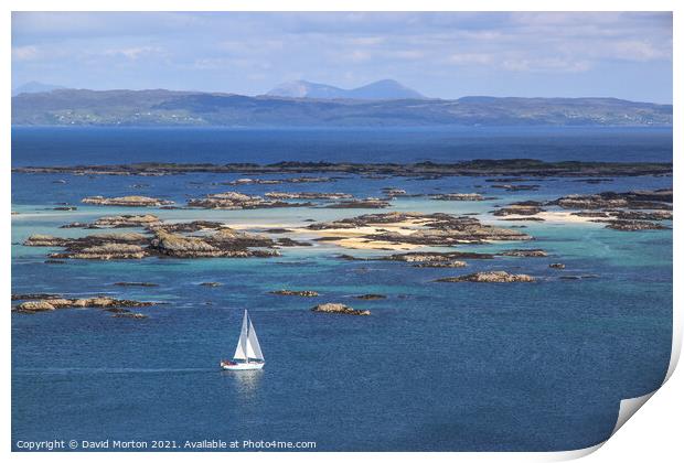 Yacht sailing therough the Skerries off Arisaig Print by David Morton