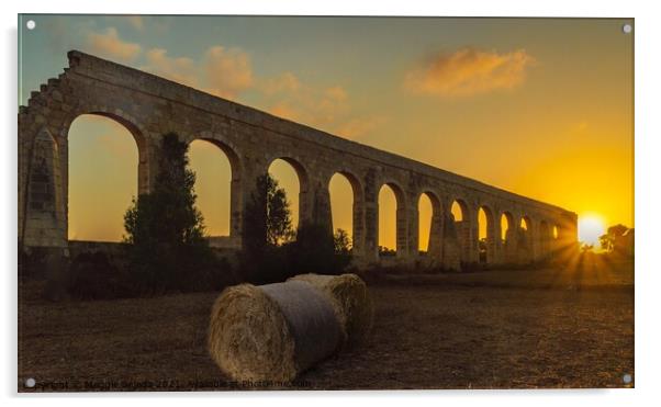 Sunset with Stone Arches and Hay bales, Gozo, Malt Acrylic by Maggie Bajada