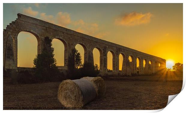 Sunset with Stone Arches and Hay bales, Gozo, Malt Print by Maggie Bajada