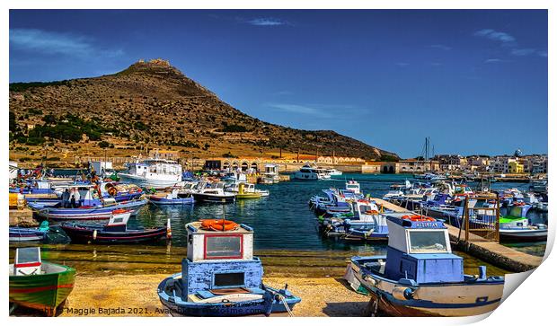 Colorful boats with Mountain background. Print by Maggie Bajada