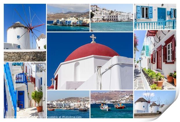 Mykonos collage Print by Kevin Hellon