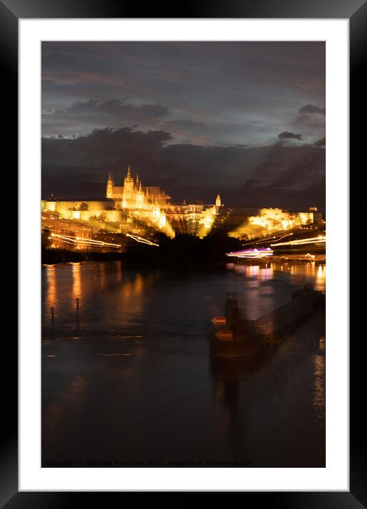 Blurred Cityscape of Prague with River Vltava at Night Framed Mounted Print by Dietmar Rauscher