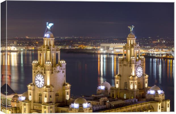 Royal Liver Building, Liverpool at Night Canvas Print by Dave Wood
