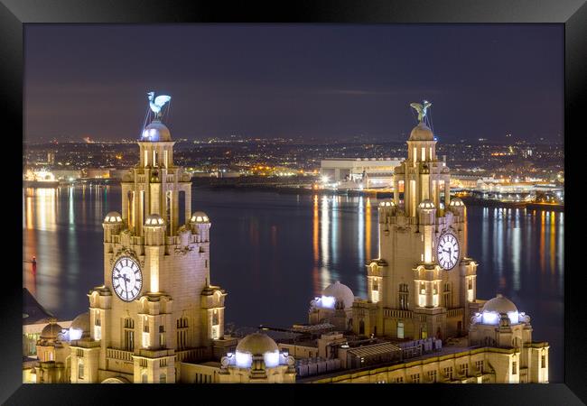 Royal Liver Building, Liverpool at Night Framed Print by Dave Wood