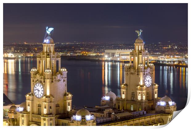 Royal Liver Building, Liverpool at Night Print by Dave Wood