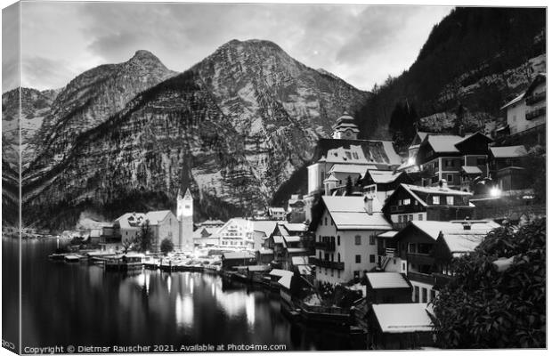Hallstatt Cityscape on a Winter Evening Covered with Snow Black and White Canvas Print by Dietmar Rauscher
