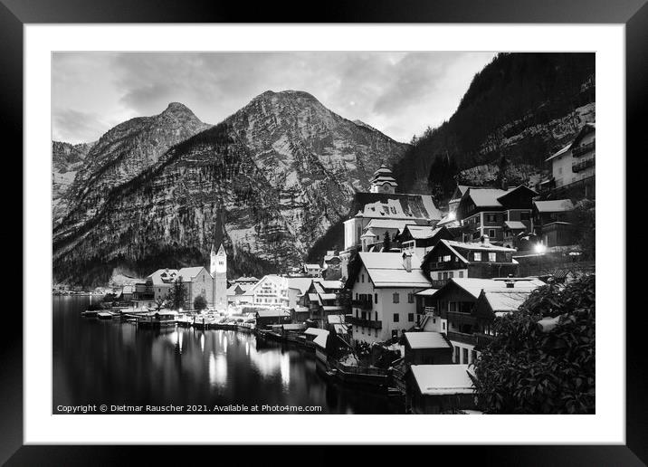Hallstatt Cityscape on a Winter Evening Covered with Snow Black and White Framed Mounted Print by Dietmar Rauscher
