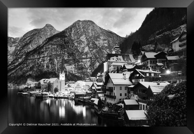 Hallstatt Cityscape on a Winter Evening Covered with Snow Black and White Framed Print by Dietmar Rauscher