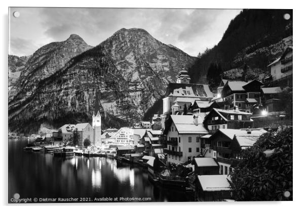 Hallstatt Cityscape on a Winter Evening Covered with Snow Black and White Acrylic by Dietmar Rauscher